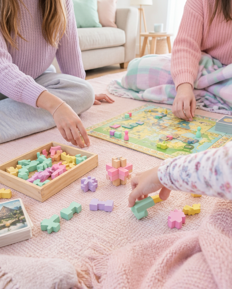A board game and wooden puzzle on a living room rug