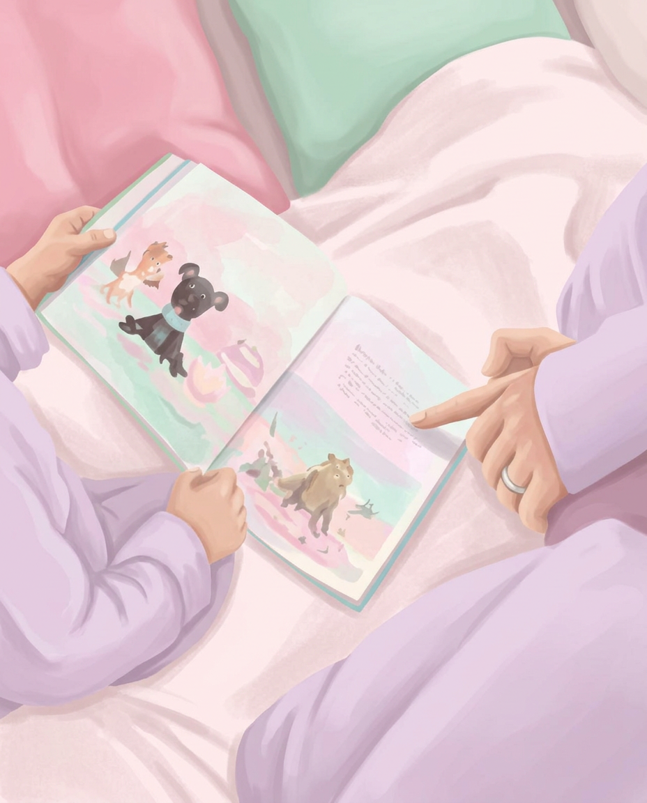 A story book shared on a cozy blanket